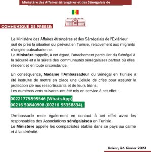 Communiqué du ministère des affaires étrangères et des sénégalais de l’extérieur 